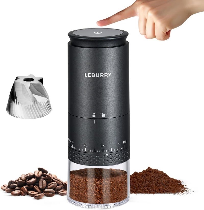 LEBURRY Burr Coffee Grinder - Portable Espresso Grinder with Stainless Steel Conical Mill for Travel, Camping - Cordless/Rechargeable Electric Coffee Bean Grinders with 38 Adjustable Grind Settings - Image 1
